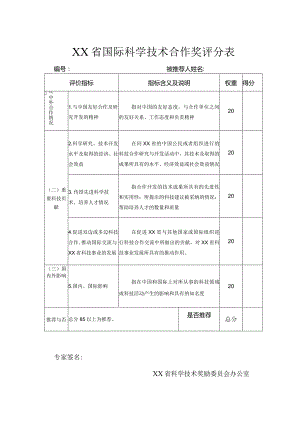 XX省国际科学技术合作奖评价指标.docx