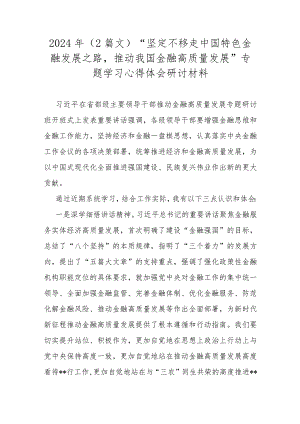 2024年（2篇文）“坚定不移走中国特色金融发展之路推动我国金融高质量发展”专题学习心得体会研讨材料.docx