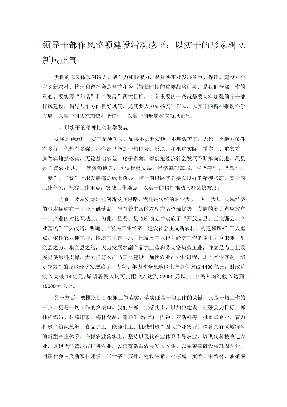 领导干部作风整顿建设活动感悟：以实干的形象树立新风正气.docx_第1页