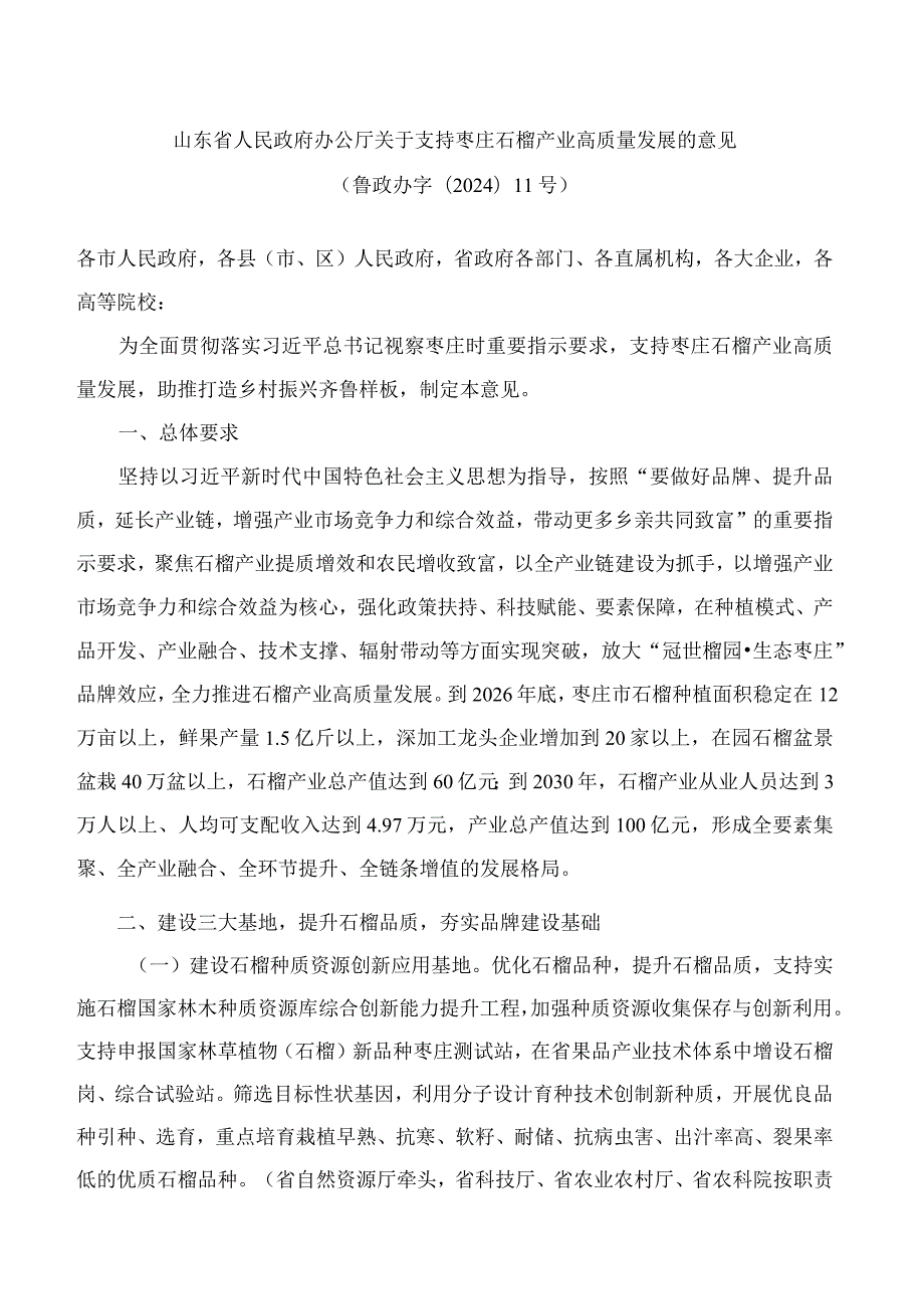 山东省人民政府办公厅关于支持枣庄石榴产业高质量发展的意见.docx_第1页