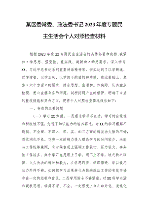 某区委常委、政法委书记2023年度专题民主生活会个人对照检查材料.docx