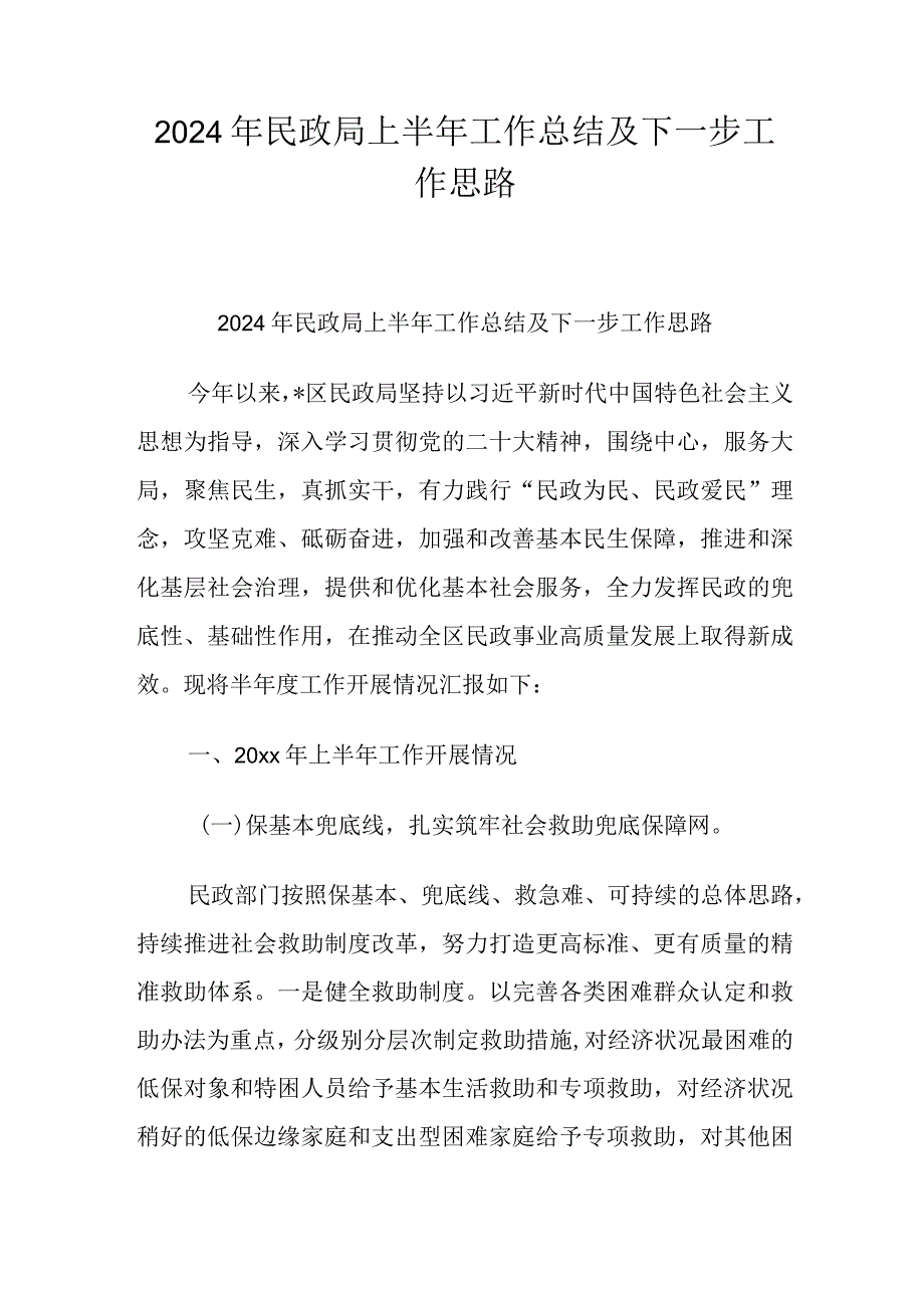 2024年民政局上半年工作总结及下一步工作思路.docx_第1页