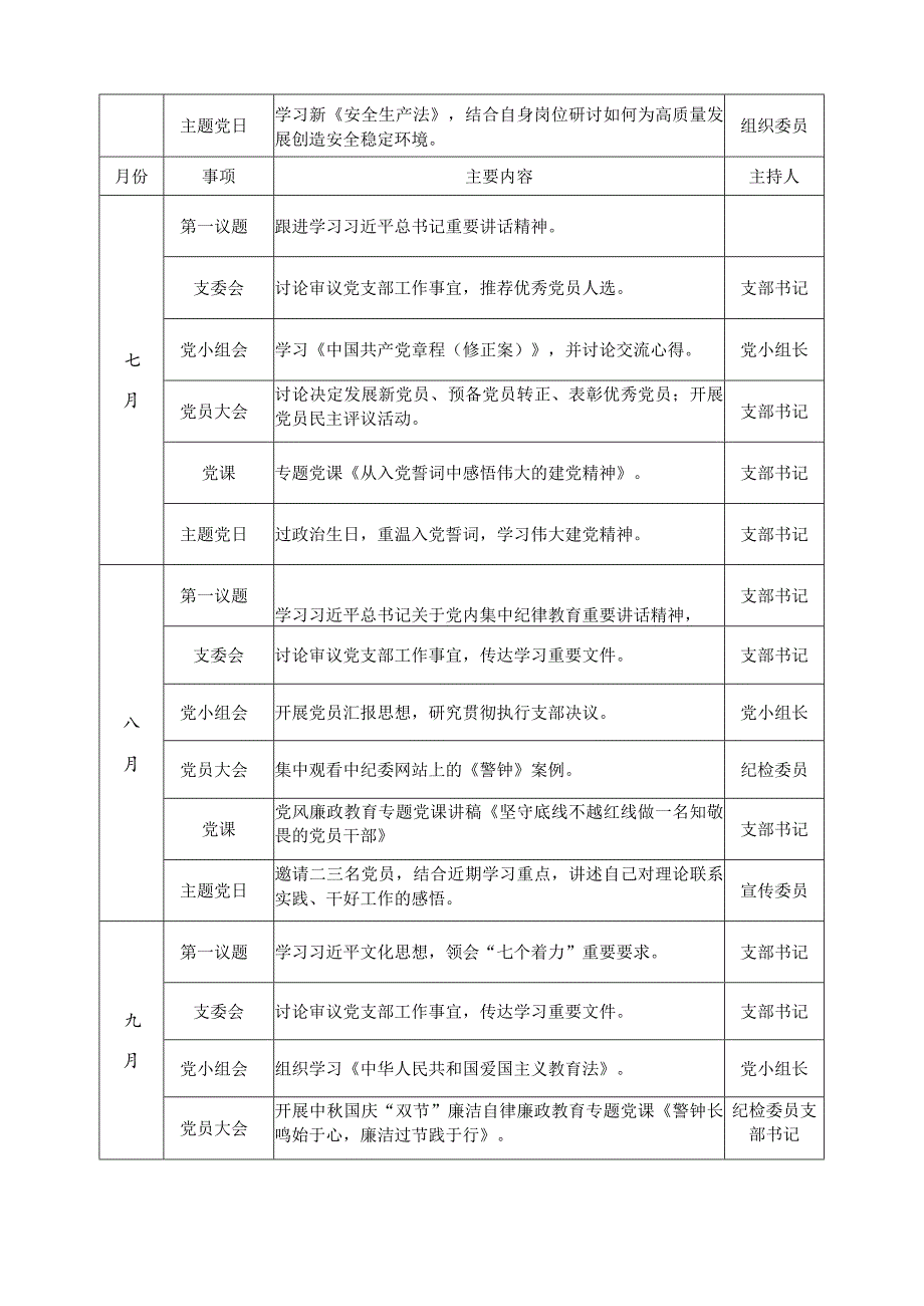 2024年基层党支部“三会一课”“主题党日”计划表.docx_第3页