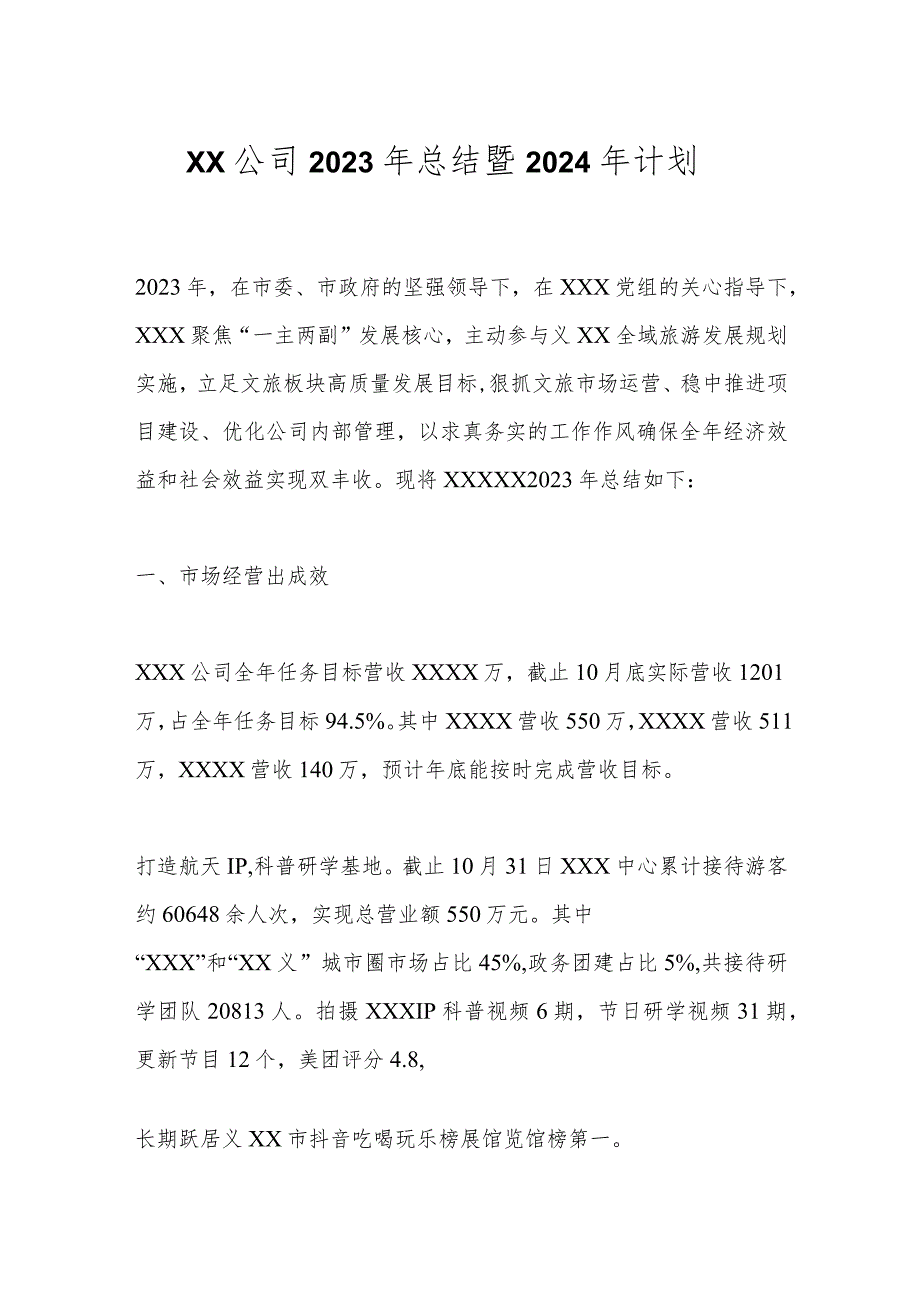 XX 公司2023年总结暨2024年计划.docx_第1页