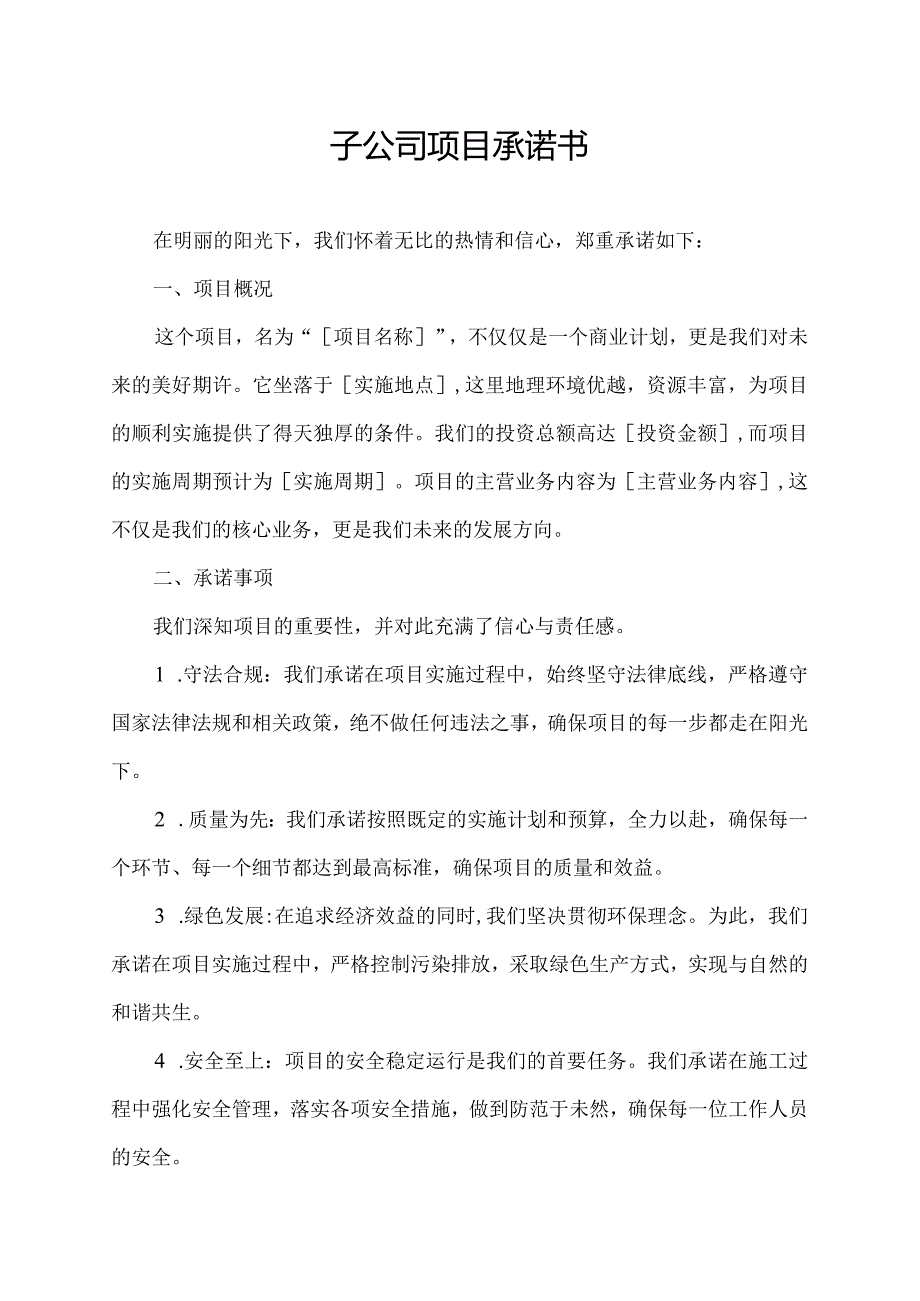 子公司项目承诺书.docx_第1页