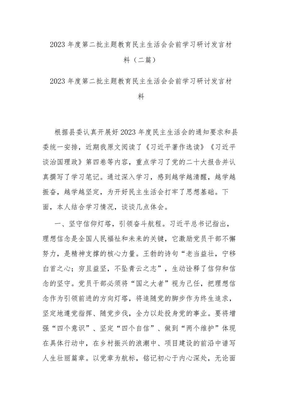 2023年度第二批主题教育民主生活会会前学习研讨发言材料(二篇).docx_第1页