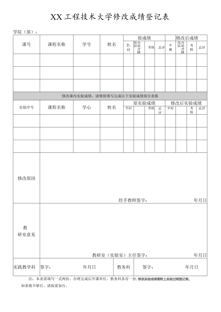 XX工程技术大学修改成绩登记表（2023年）.docx_第1页