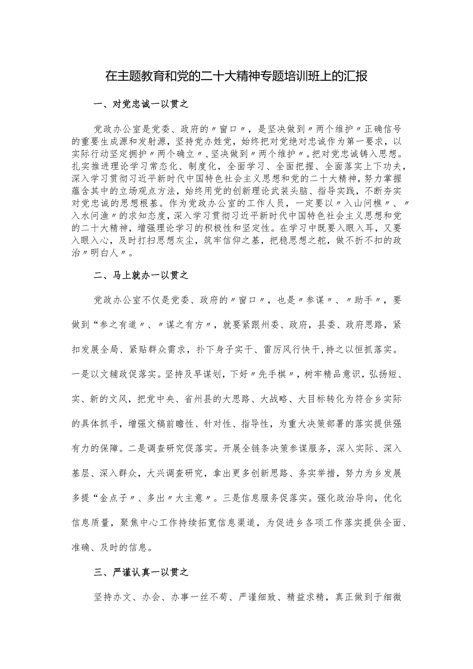 在主题教育和党的二十大精神专题培训班上的汇报.docx_第1页