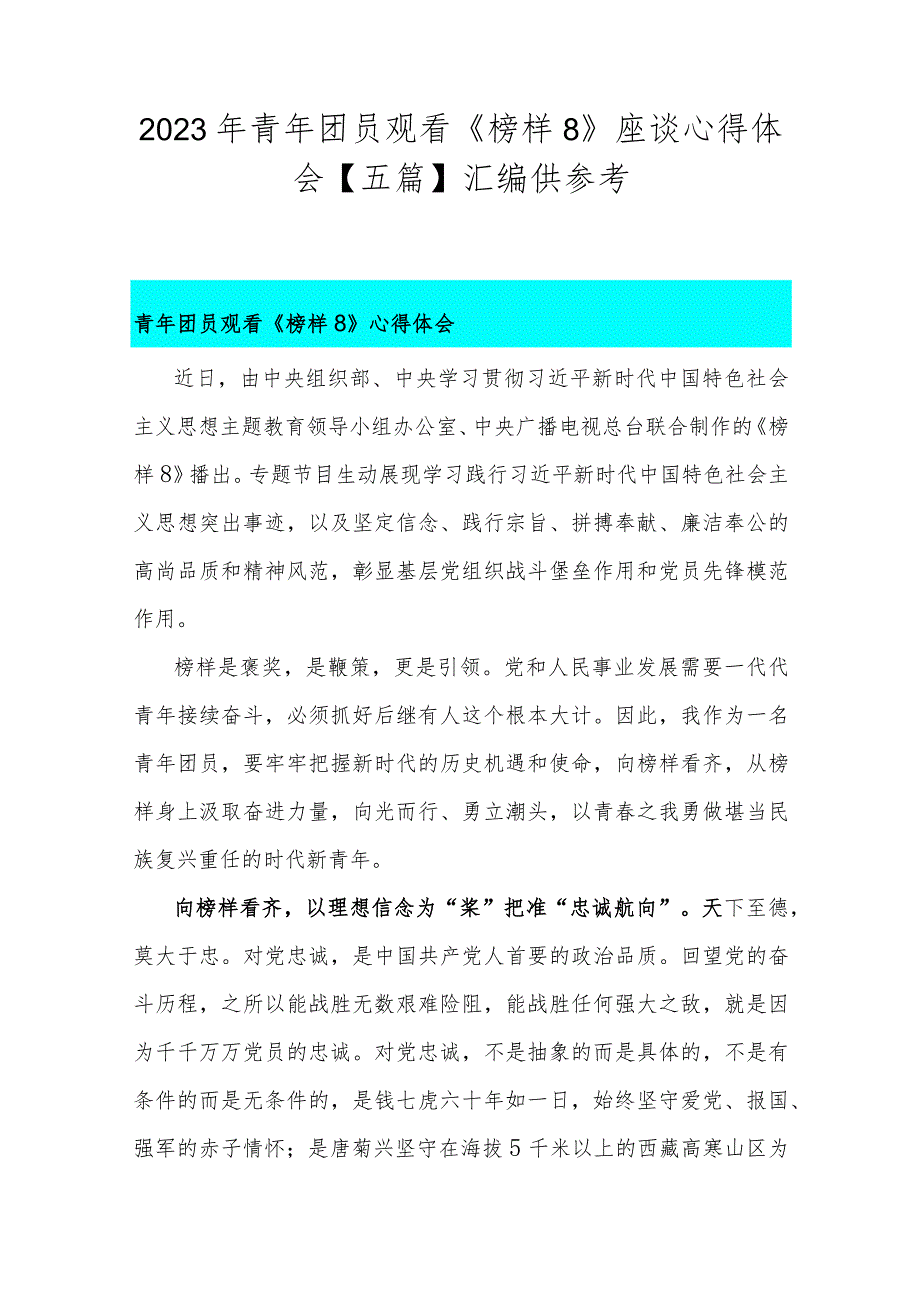 2023年青年团员观看《榜样8》座谈心得体会【五篇】汇编供参考.docx_第1页