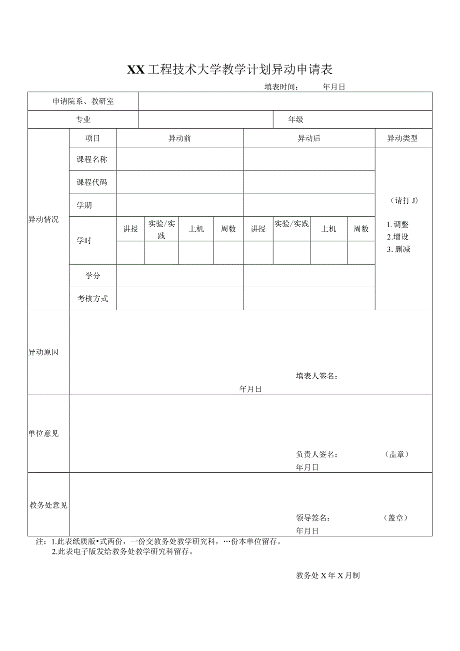 XX工程技术大学教学计划异动申请表（2023年）.docx_第1页