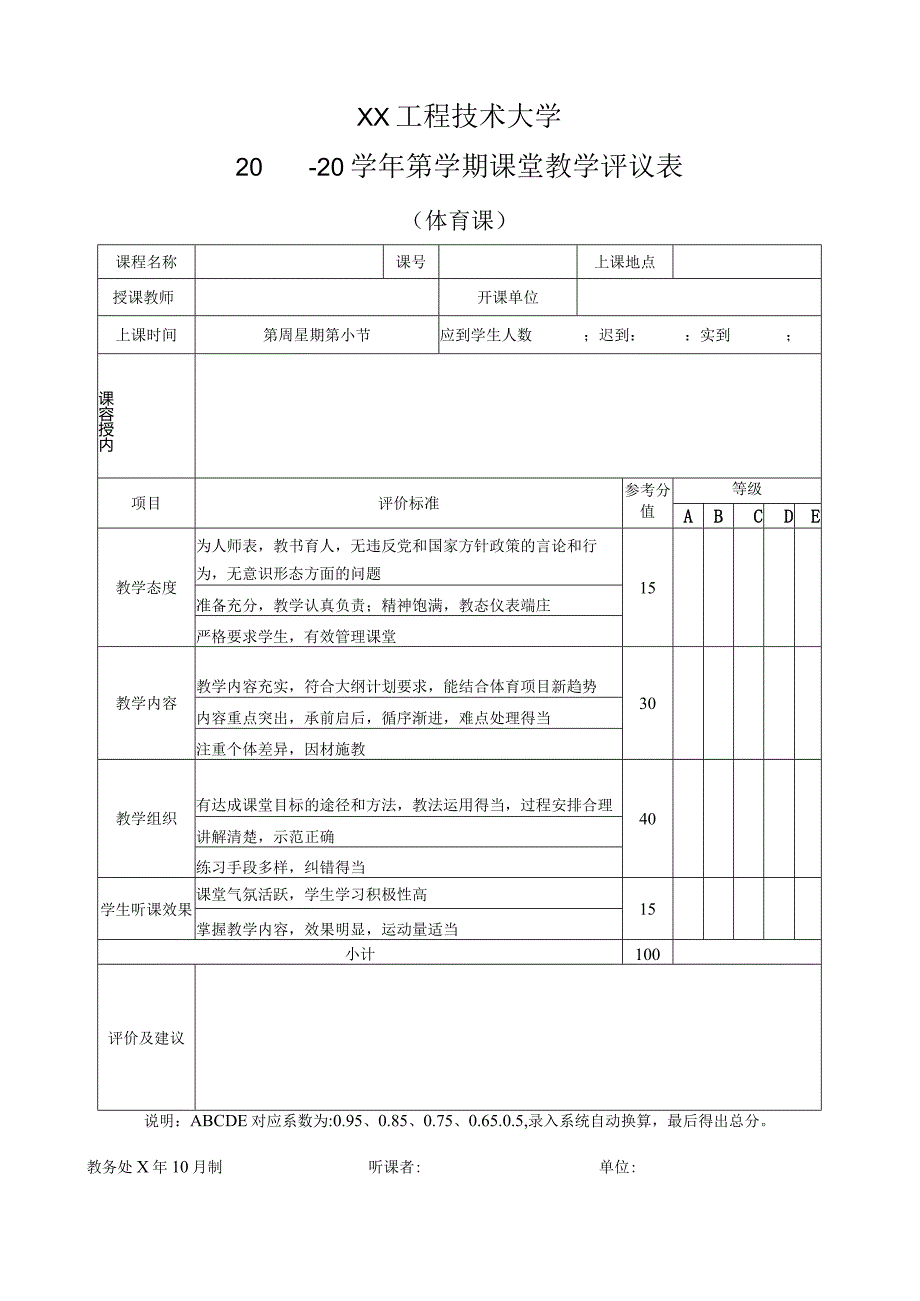 XX工程技术大学体育课课堂教学评议表（2023年）.docx_第1页