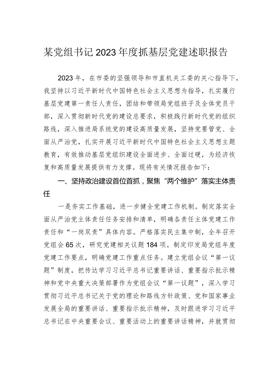 某党组书记2023年度抓基层党建述职报告.docx_第1页