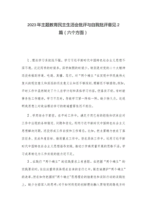 2023年主题教育民主生活会批评与自我批评意见2篇（六个方面）.docx