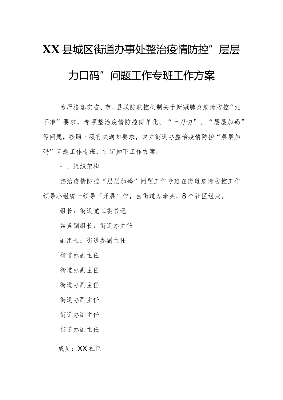 XX县城区街道办事处整治疫情防控“层层加码”问题工作专班工作方案.docx_第1页