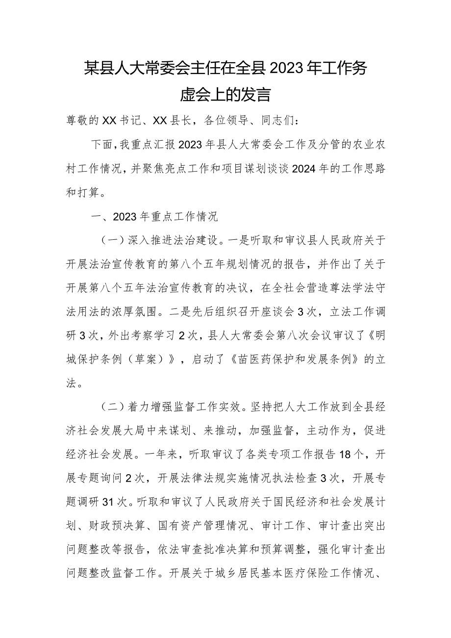 某县人大常委会主任在全县2023年工作务虚会上的发言.docx_第1页