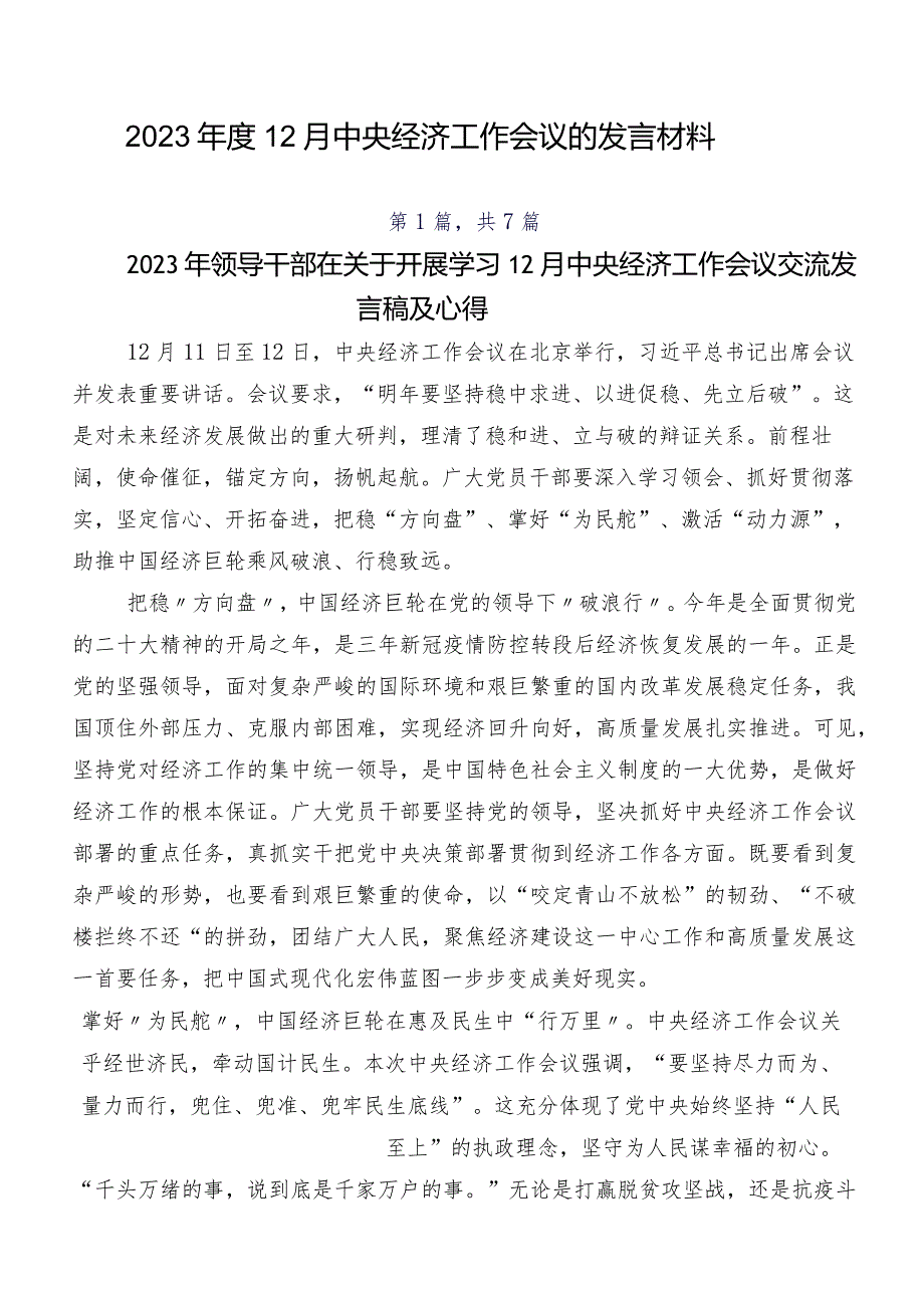 2023年度12月中央经济工作会议的发言材料.docx_第1页