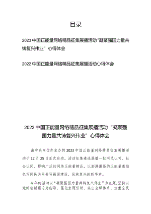 2023中国正能量网络精品征集展播活动“凝聚强国力量共铸复兴伟业”心得体会、2022中国正能量网络精品征集展播活动心得体会.docx