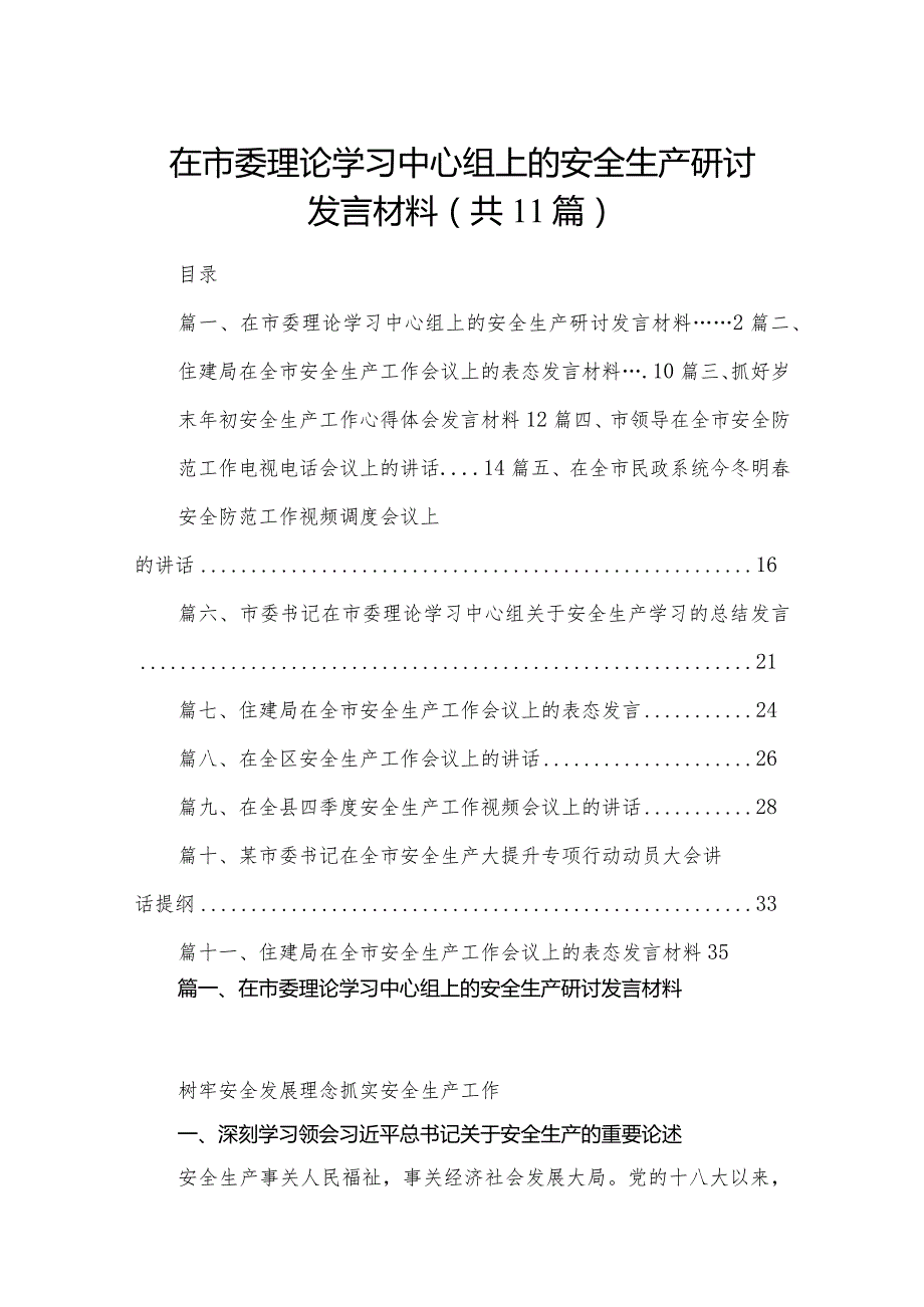 （11篇）在市委理论学习中心组上的安全生产研讨发言材料范文.docx_第1页