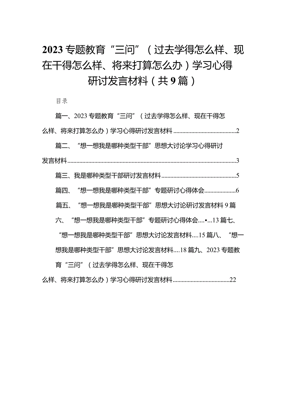 专题教育“三问”（过去学得怎么样、现在干得怎么样、将来打算怎么办）学习心得研讨发言材料（共9篇）.docx_第1页