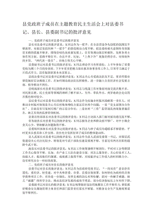 县党政班子成员在主题教育民主生活会上对县委书记、县长、县委副书记的批评意见.docx