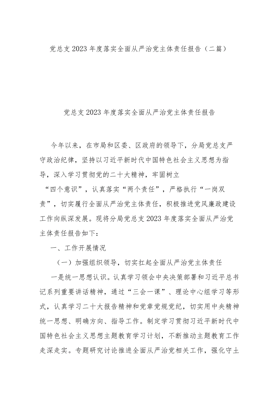 党总支2023年度落实全面从严治党主体责任报告(二篇).docx_第1页