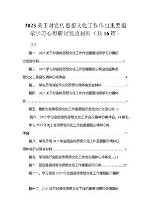 2023关于对宣传思想文化工作作出重要指示学习心得研讨发言材料【16篇精选】供参考.docx