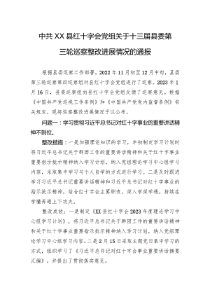 中共XX县红十字会党组关于十三届县委第三轮巡察整改进展情况的通报.docx