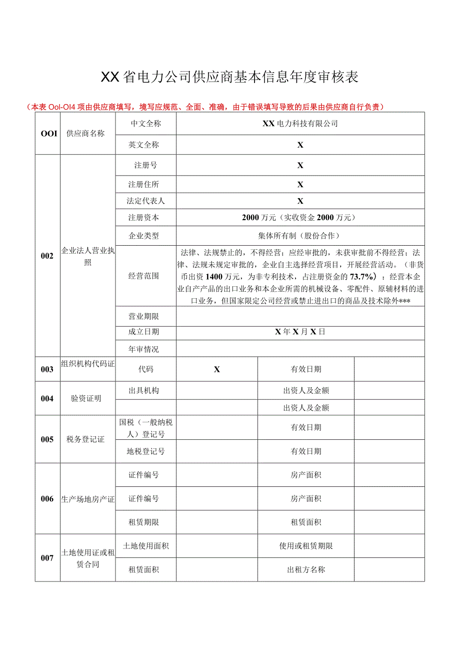 XX省电力公司供应商基本信息年度审核表（2023年XX电力科技有限公司）.docx_第1页