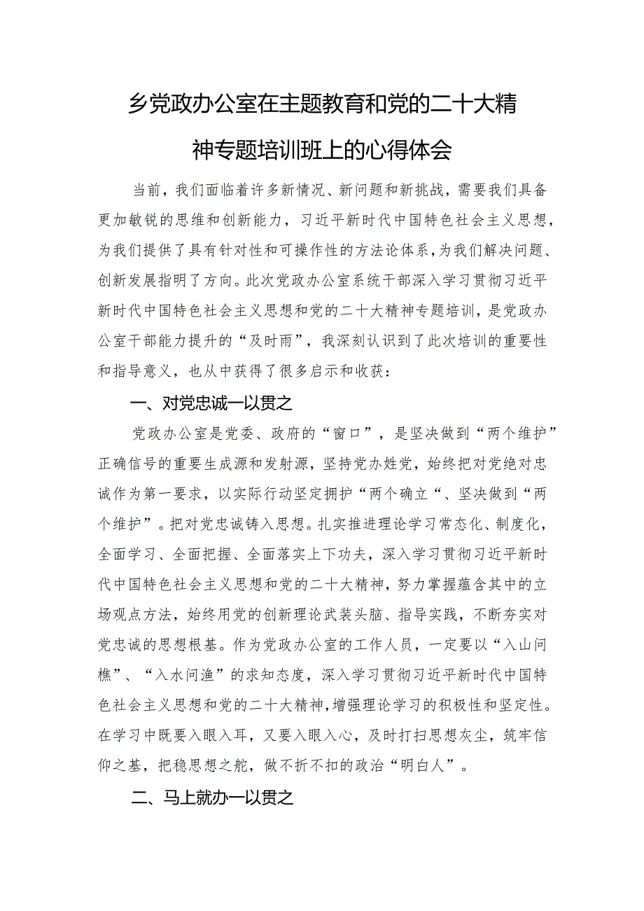 乡党政办公室在主题教育和党的二十大精神专题培训班上的心得体会.docx_第1页