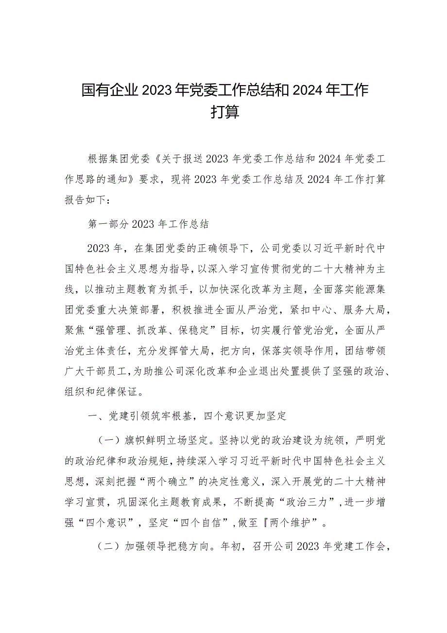 国企公司2023年党委工作总结和2024年工作计划6900字.docx_第1页