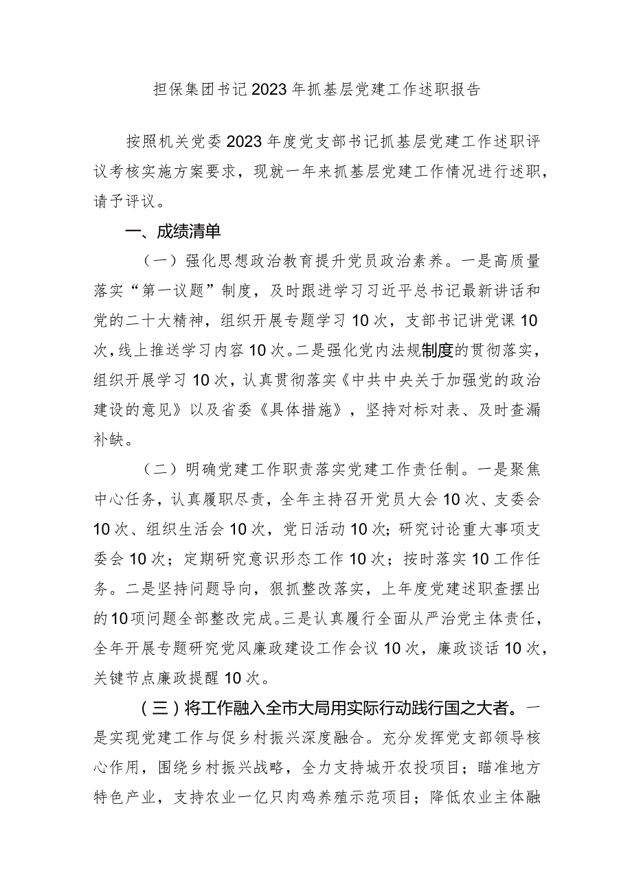 2篇担保集团书记2023-2024年抓基层党建工作述职报告.docx_第1页