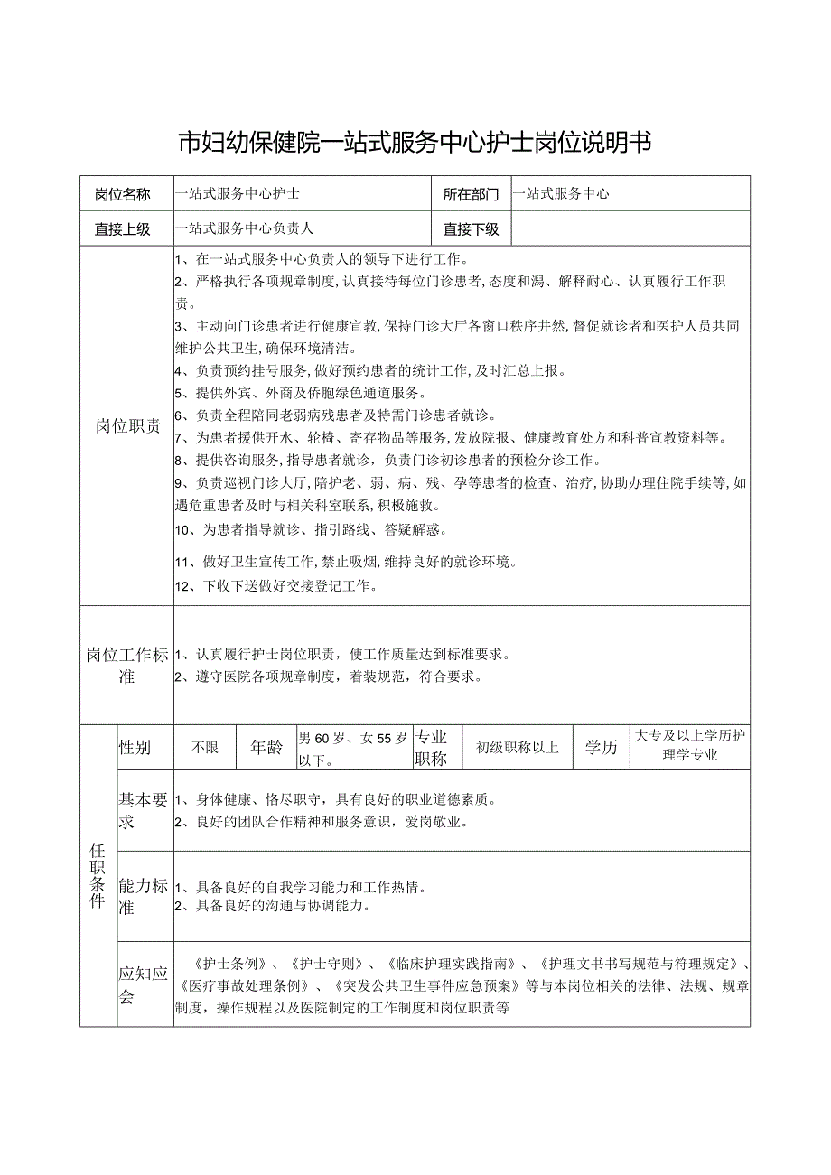 市妇幼保健院一站式服务中心护士岗位说明书.docx_第1页