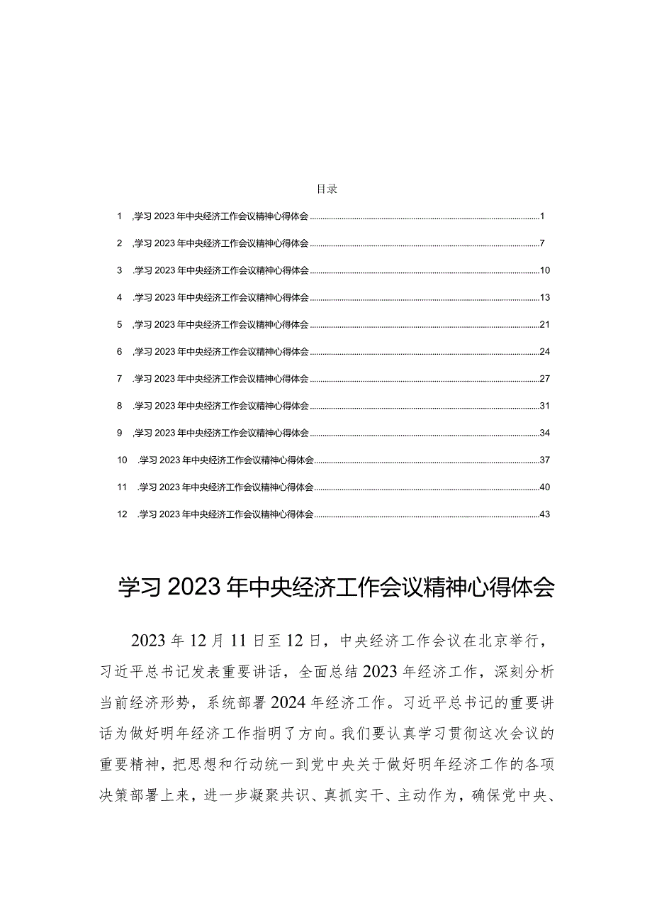 2023年中央经济工作会议精神学习心得体会范文12篇.docx_第1页