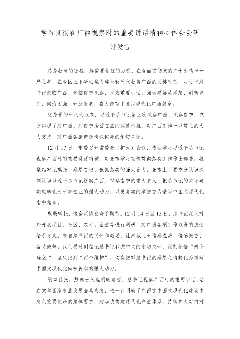 2023年学习贯彻在广西视察时的重要讲话精神心体会会研讨发言.docx_第1页