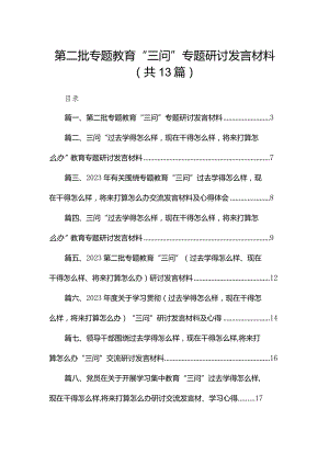 第二批专题教育“三问”专题研讨发言材料最新版13篇合辑.docx