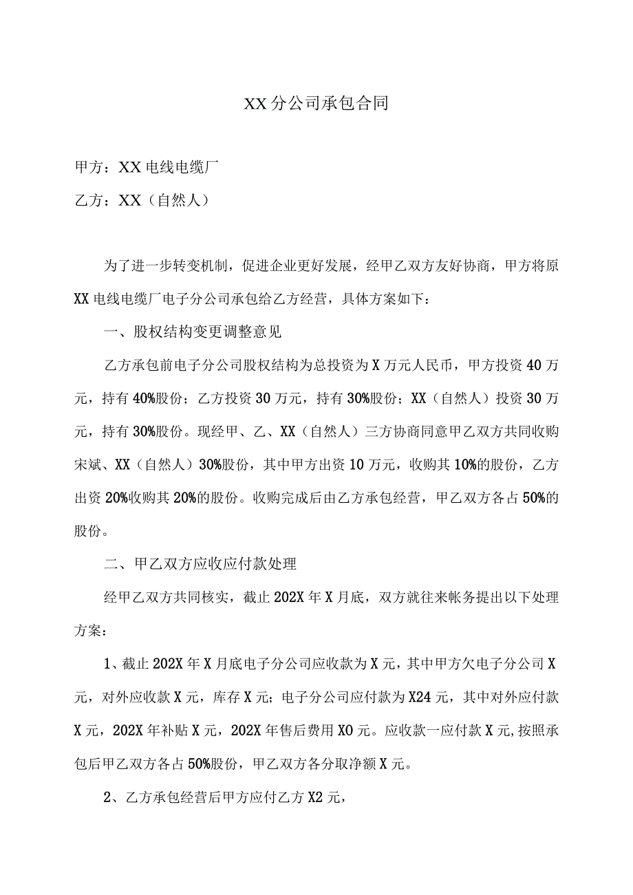 XX分公司承包合同（2023年XX电线电缆厂与XX（自然人））.docx_第1页