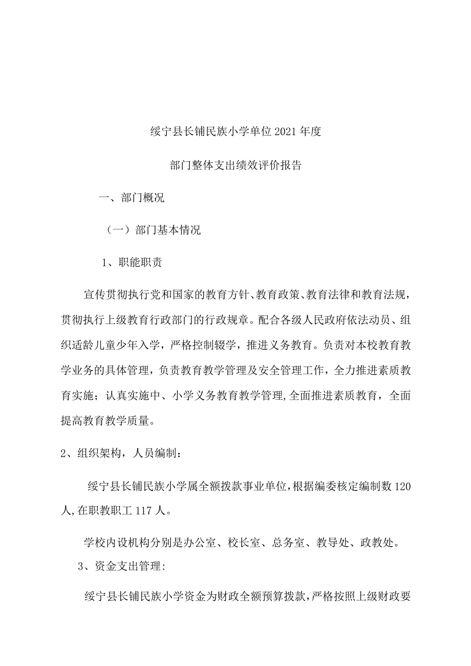 绥宁县长铺民族小学单位2021年度部门整体支出绩效评价报告.docx_第1页