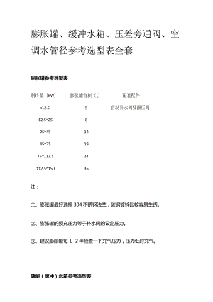 膨胀罐 缓冲水箱 压差旁通阀 空调水管径参考选型表全套.docx