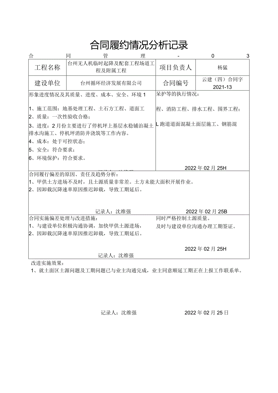 主合同履约情况分析记录-台州机场（2月）.docx_第1页