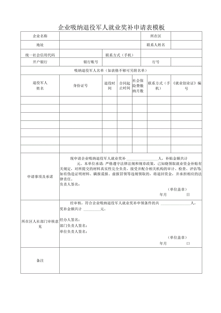 企业吸纳退役军人就业奖补申请表模板.docx_第1页