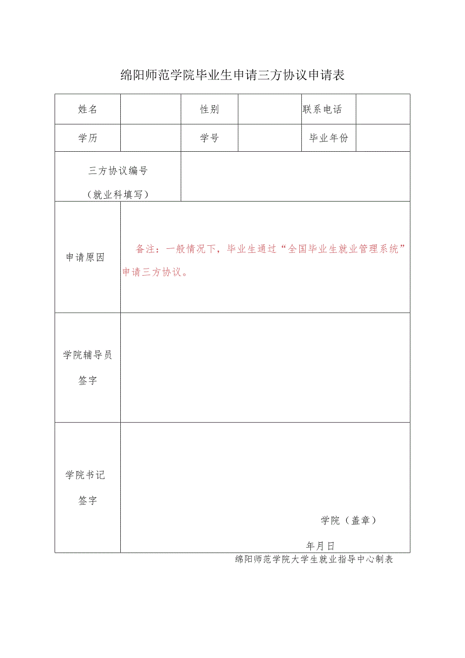 绵阳师范学院毕业生申请三方协议申请表.docx_第1页