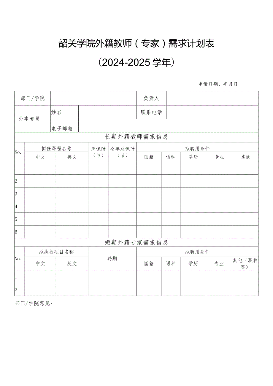 韶关学院外籍教师专家需求计划024-2025学年.docx_第1页