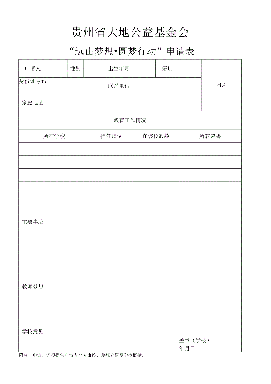 贵州省大地公益基金会“远山梦想圆梦行动”申请表.docx_第1页