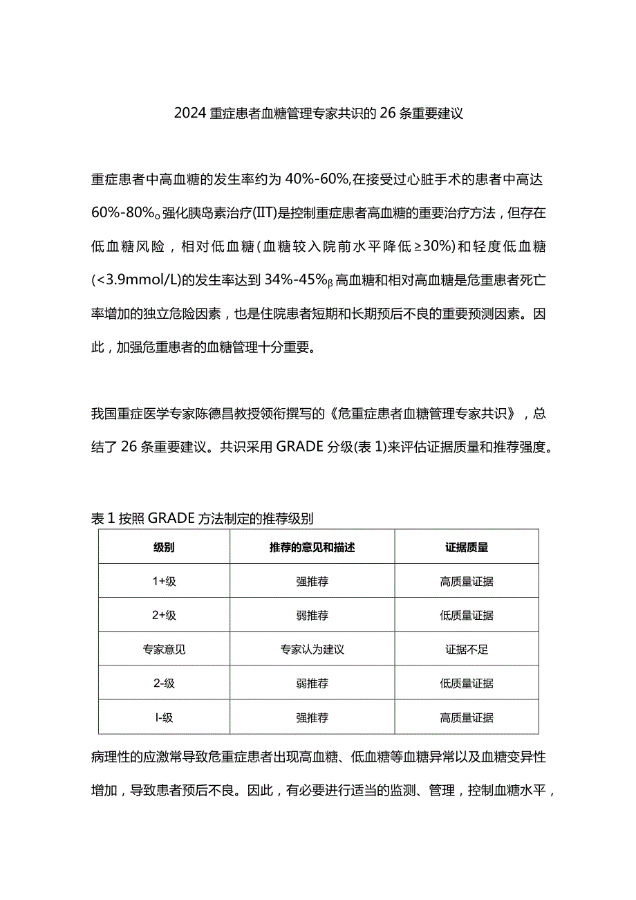 2024重症患者血糖管理专家共识的26条重要建议.docx_第1页