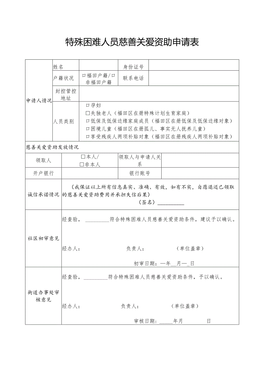 特殊困难人员慈善关爱资助申请表.docx_第1页