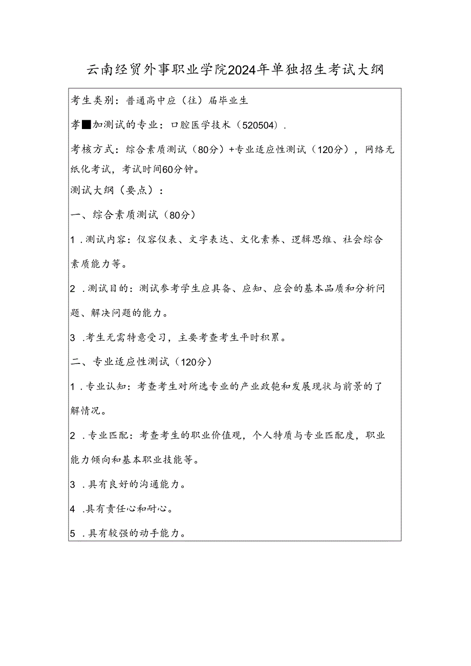 云南经贸外事职业学院2024年单独招生考试大纲——口腔医学技术专业（普高）.docx_第1页