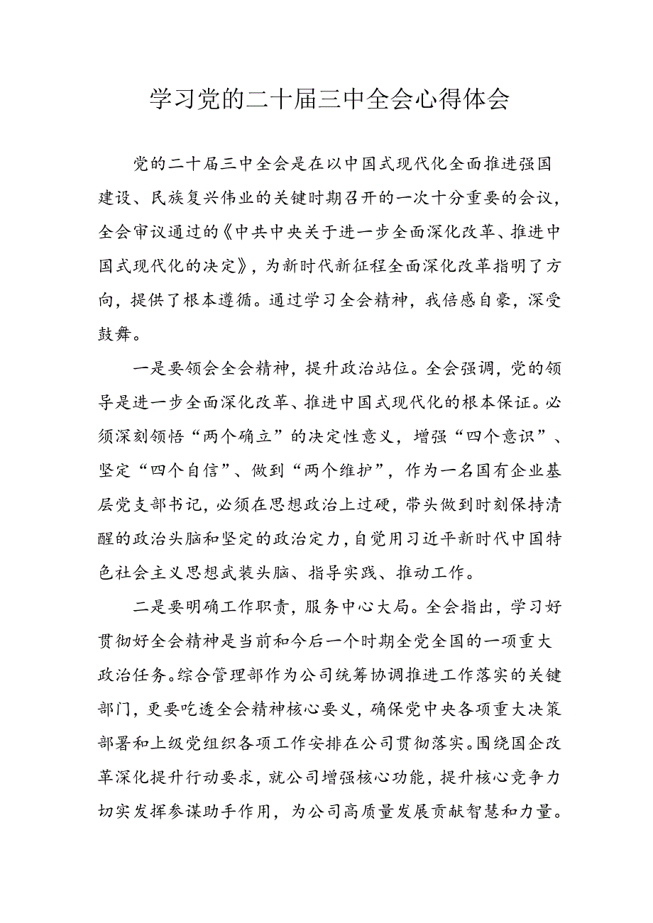 2024年学习学习党的二十届三中全会个人心得感悟 （10份）.docx_第1页