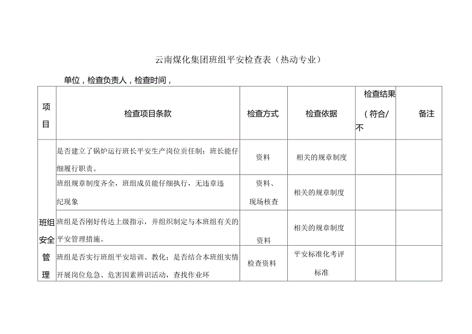 云南煤化集团班组安全检查表(热动专业).docx_第1页