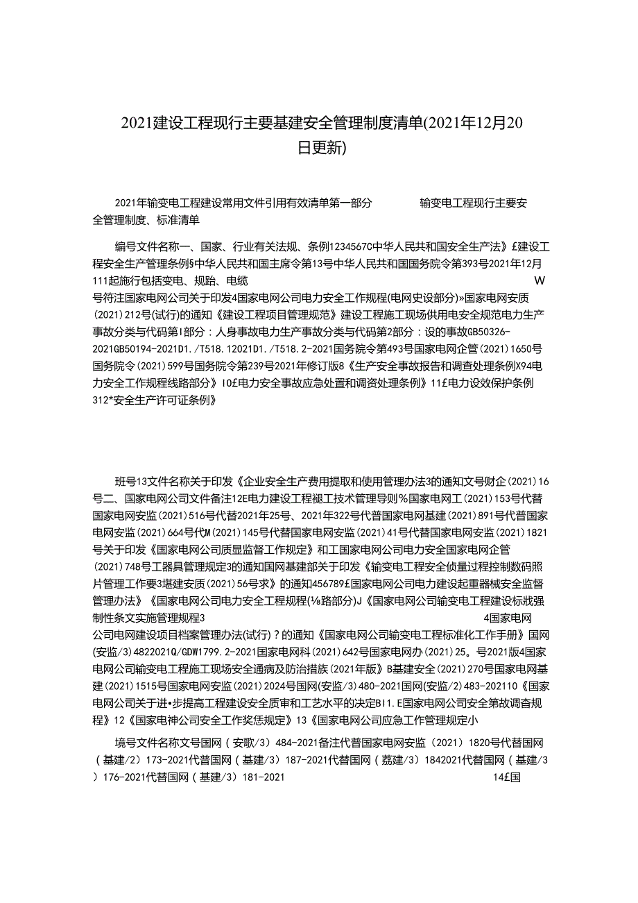 2021建设工程现行主要基建安全管理制度清单(2021年12月20日更新).docx_第1页