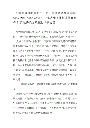 2篇学习贯彻党的二十届三中全会精神宣讲稿：坚持“两个毫不动摇”推动经济体制改革和社会主义市场经济发展取得新成效.docx